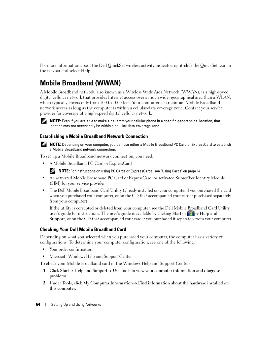 Dell PP04X manual Mobile Broadband Wwan, Establishing a Mobile Broadband Network Connection 