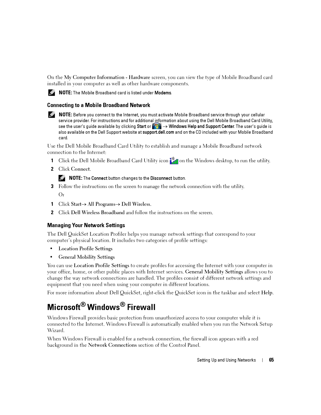 Dell PP04X manual Microsoft Windows Firewall, Connecting to a Mobile Broadband Network, Managing Your Network Settings 