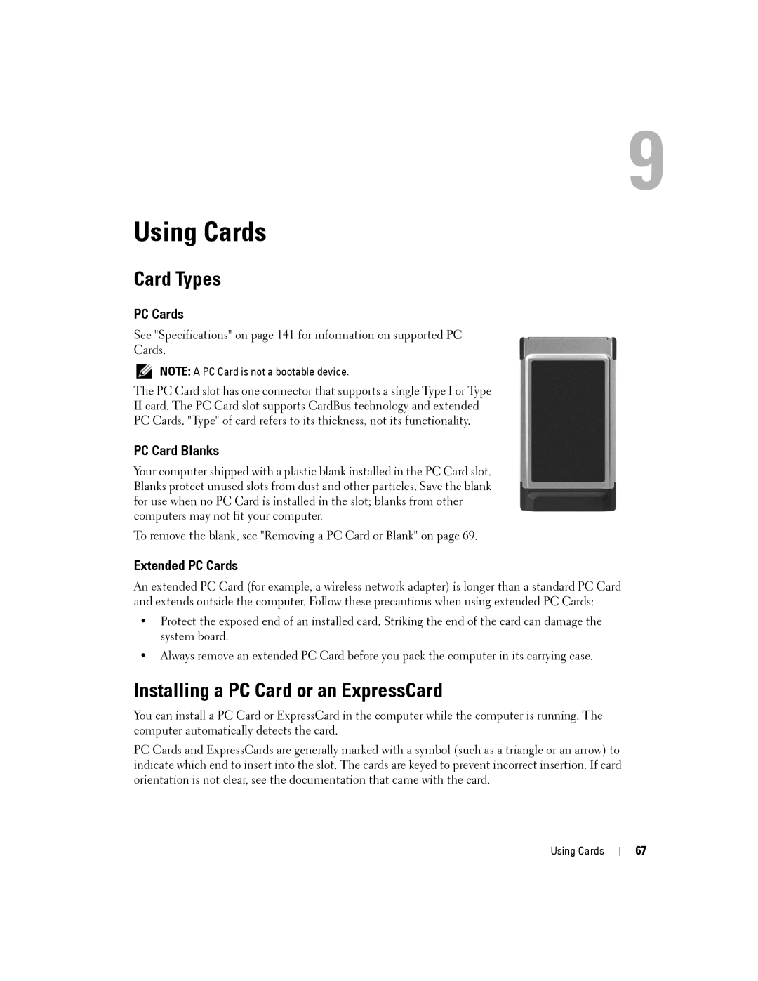 Dell PP04X manual Using Cards, Card Types, Installing a PC Card or an ExpressCard 