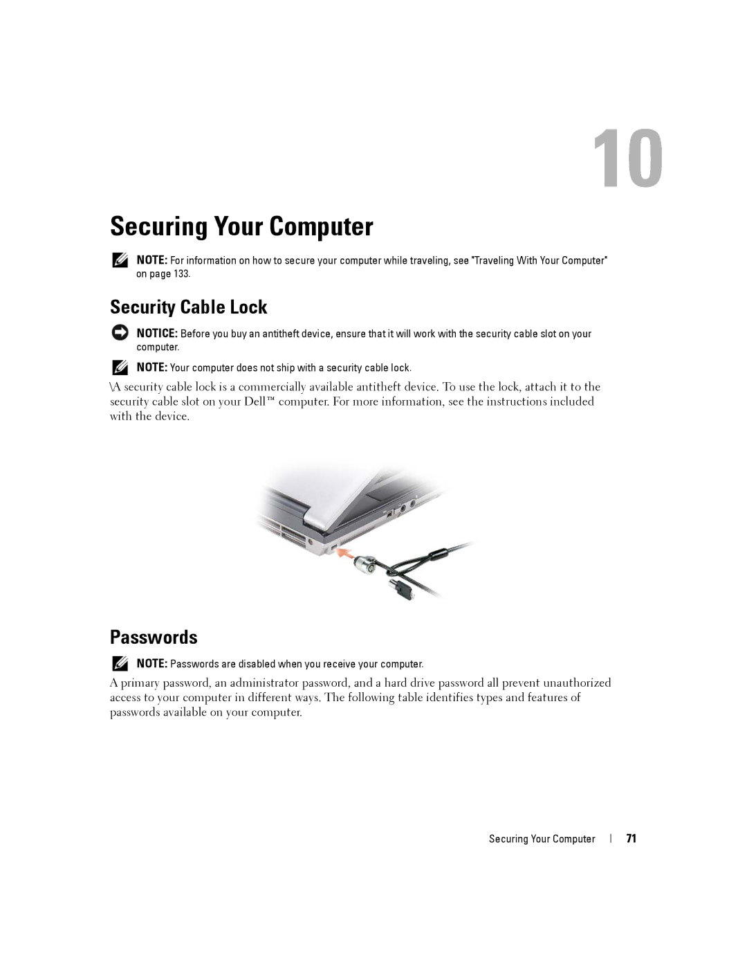 Dell PP04X manual Securing Your Computer, Security Cable Lock, Passwords 