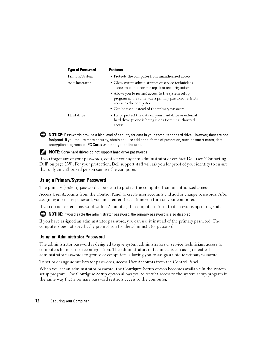 Dell PP04X manual Using a Primary/System Password, Using an Administrator Password 