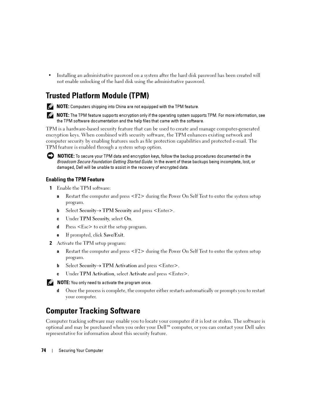 Dell PP04X manual Trusted Platform Module TPM, Computer Tracking Software, Enabling the TPM Feature 