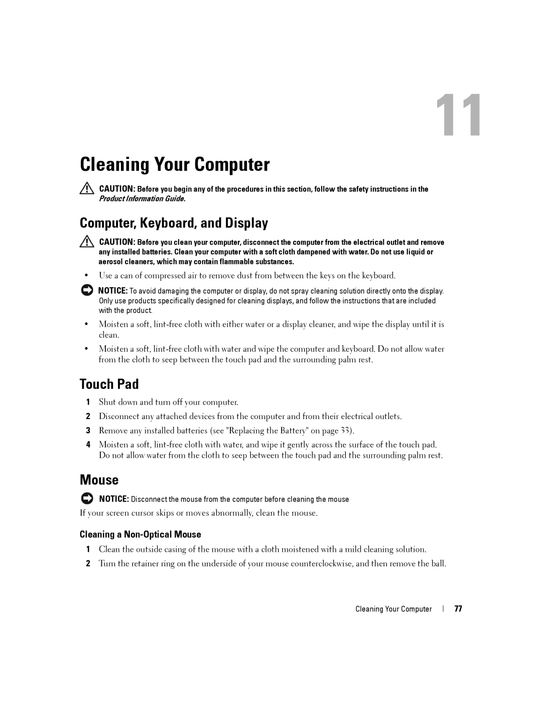 Dell PP04X manual Cleaning Your Computer, Computer, Keyboard, and Display, Cleaning a Non-Optical Mouse 