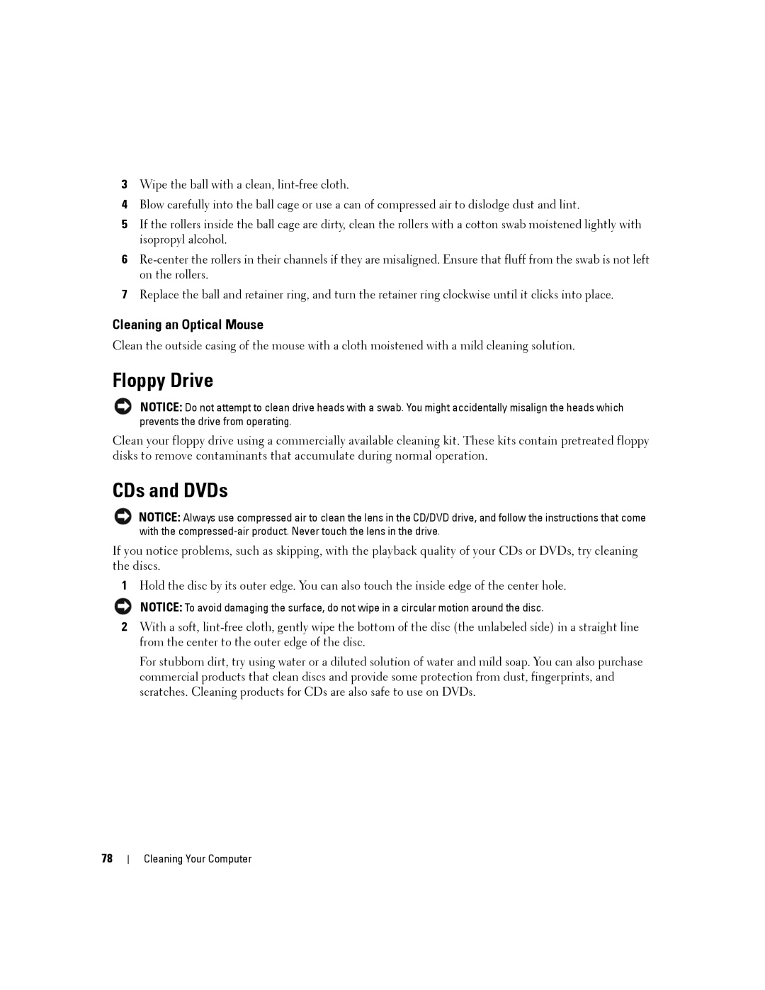Dell PP04X manual Floppy Drive, CDs and DVDs, Cleaning an Optical Mouse 