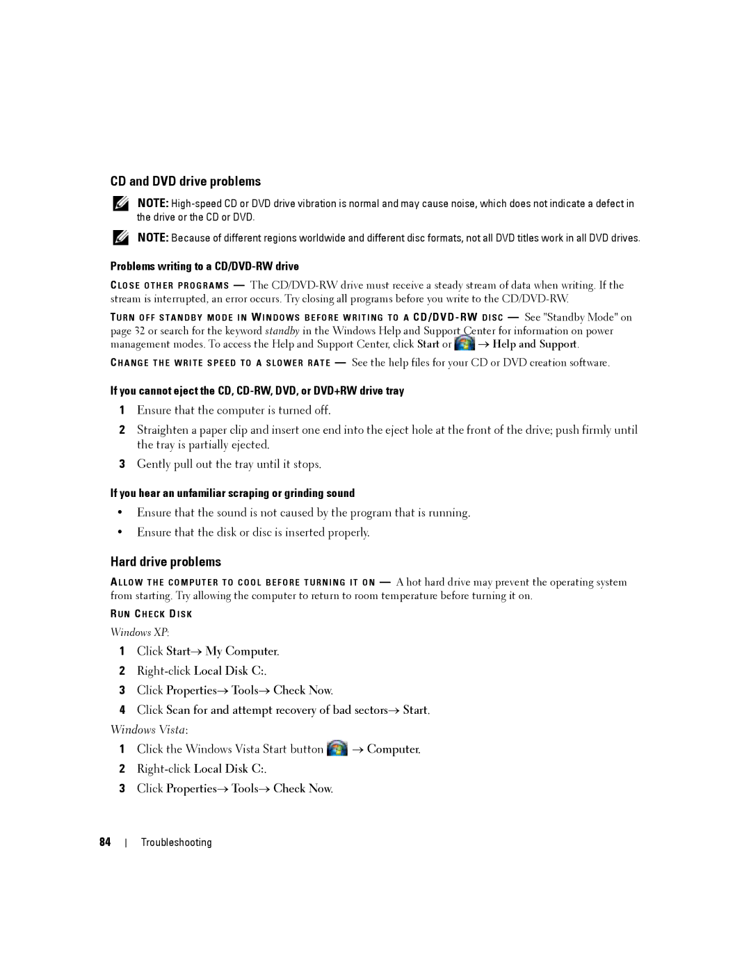 Dell PP04X manual CD and DVD drive problems, Hard drive problems, Problems writing to a CD/DVD-RW drive 