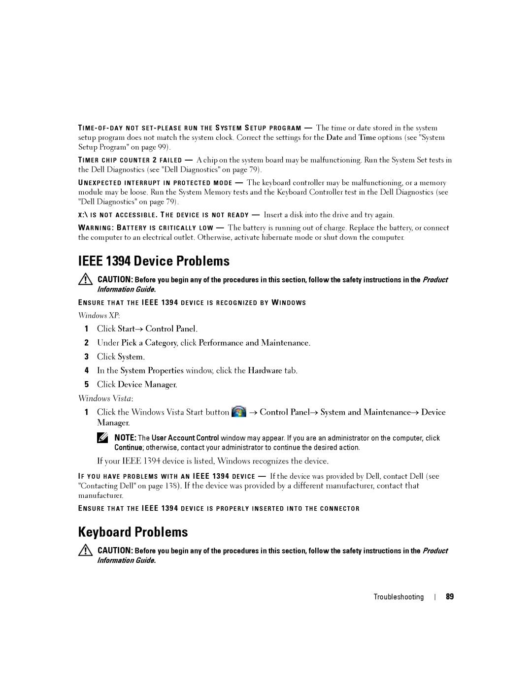 Dell PP04X manual Ieee 1394 Device Problems, Keyboard Problems, Click Device Manager 