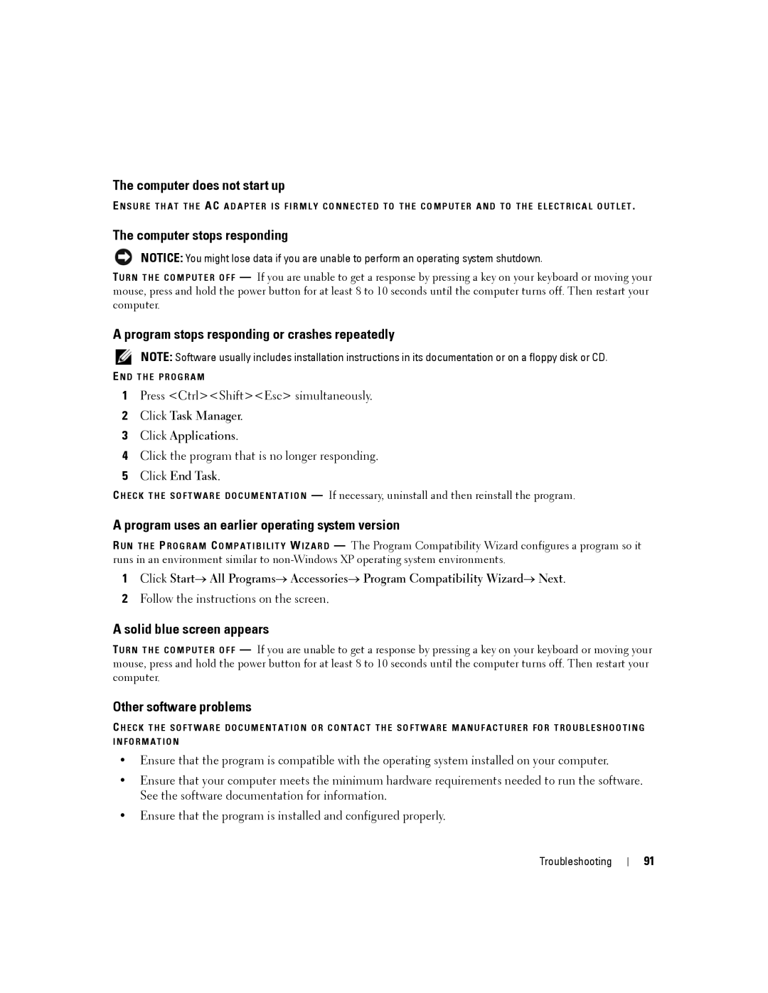 Dell PP04X manual Computer does not start up, Computer stops responding, Program stops responding or crashes repeatedly 