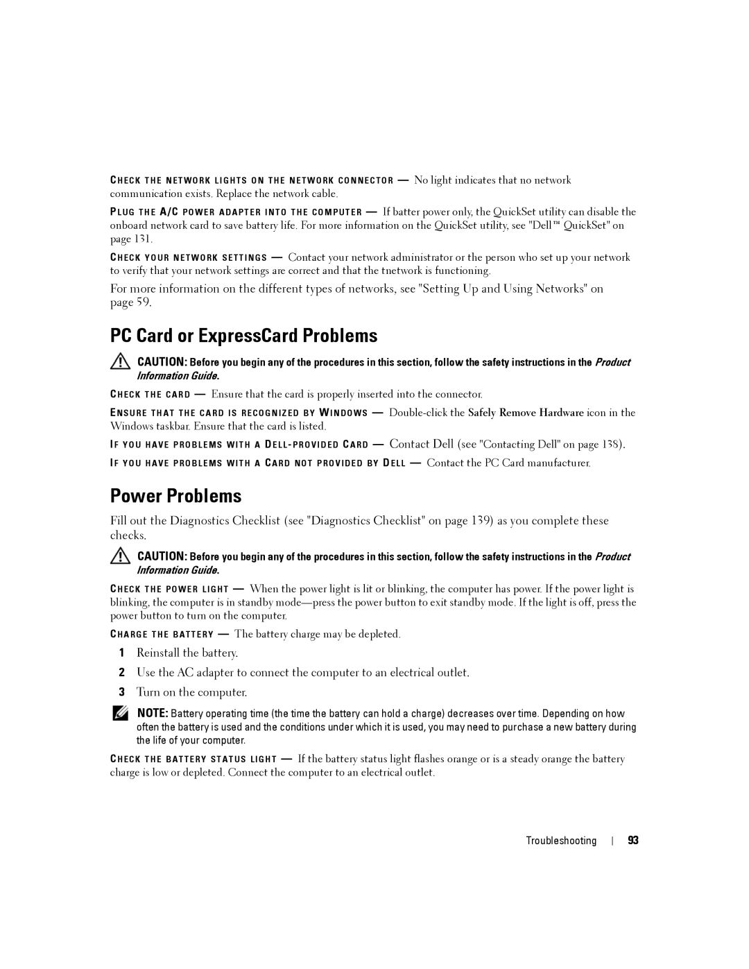 Dell PP04X manual PC Card or ExpressCard Problems, Power Problems 