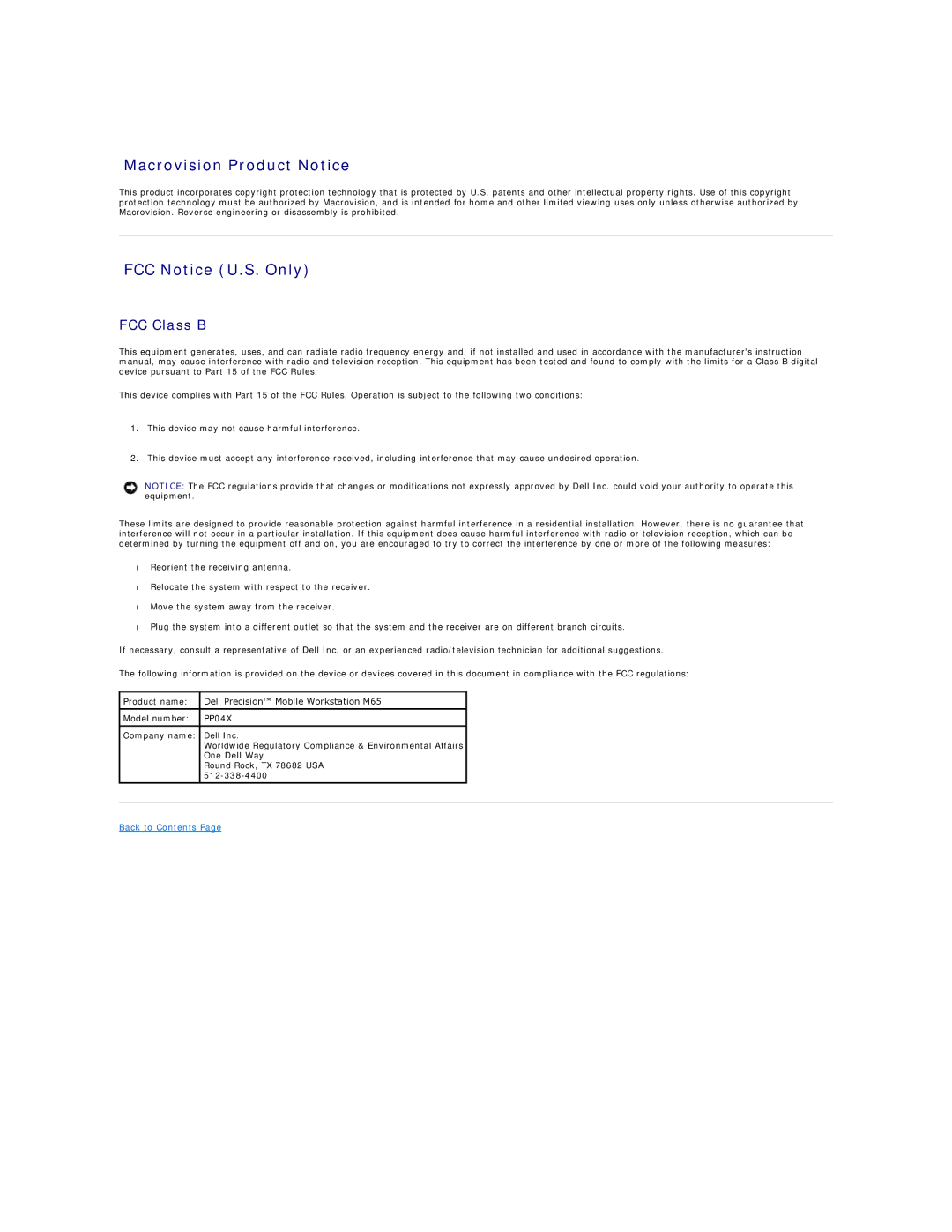 Dell PP04X specifications Macrovision Product Notice, FCC Notice U.S. Only, FCC Class B 