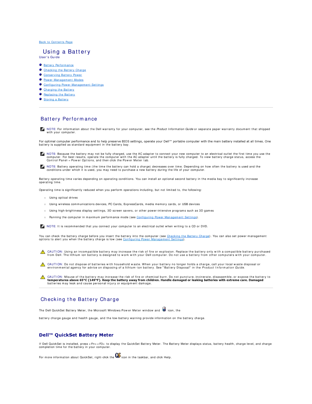 Dell PP04X specifications Using a Battery, Battery Performance, Checking the Battery Charge, Dell QuickSet Battery Meter 