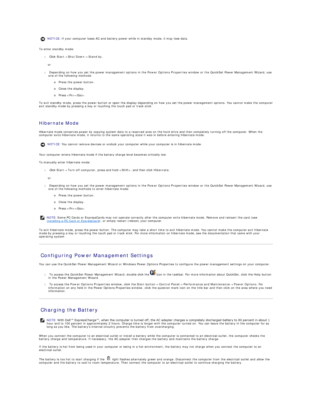 Dell PP04X Configuring Power Management Settings, Charging the Battery, Hibernate Mode, Click Start Shut Down Stand by 