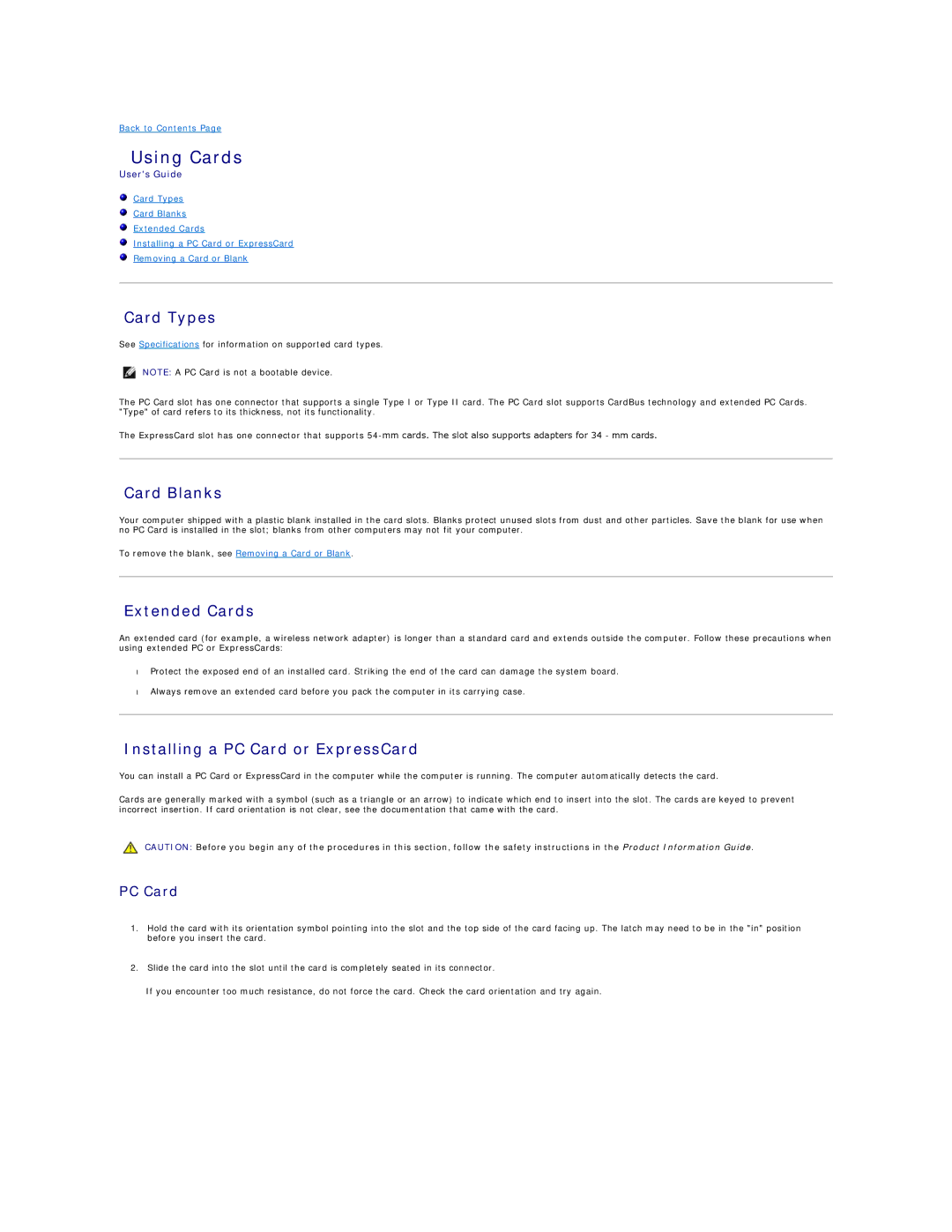 Dell PP04X specifications Using Cards, Card Types, Card Blanks, Extended Cards, Installing a PC Card or ExpressCard 
