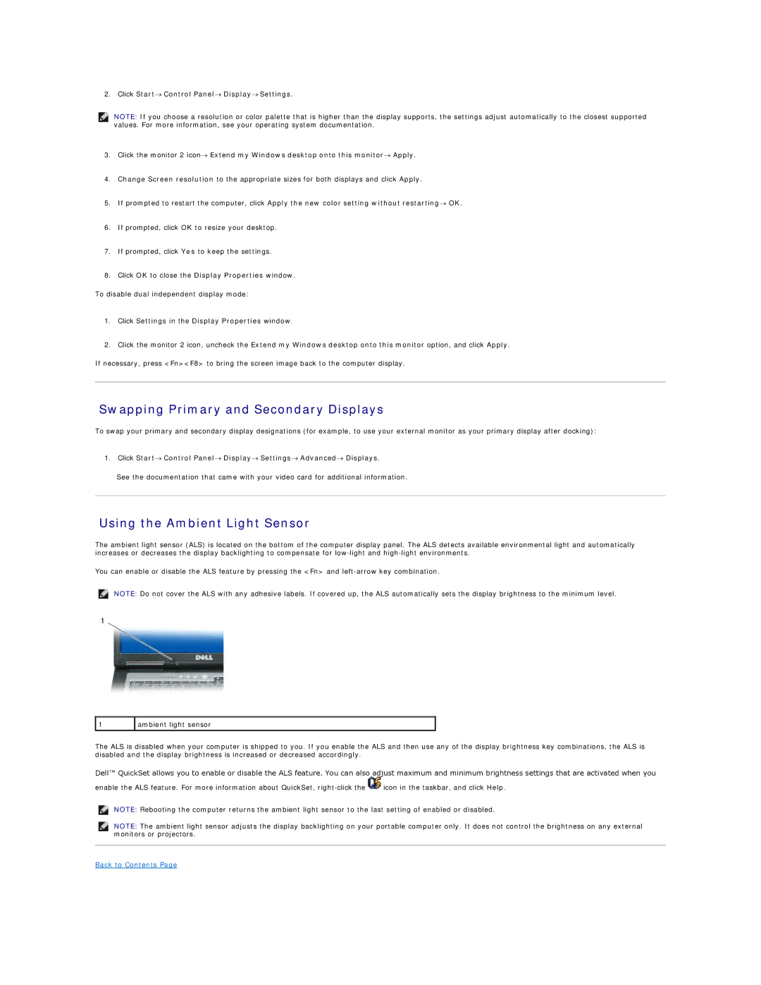 Dell PP04X specifications Swapping Primary and Secondary Displays, Using the Ambient Light Sensor 