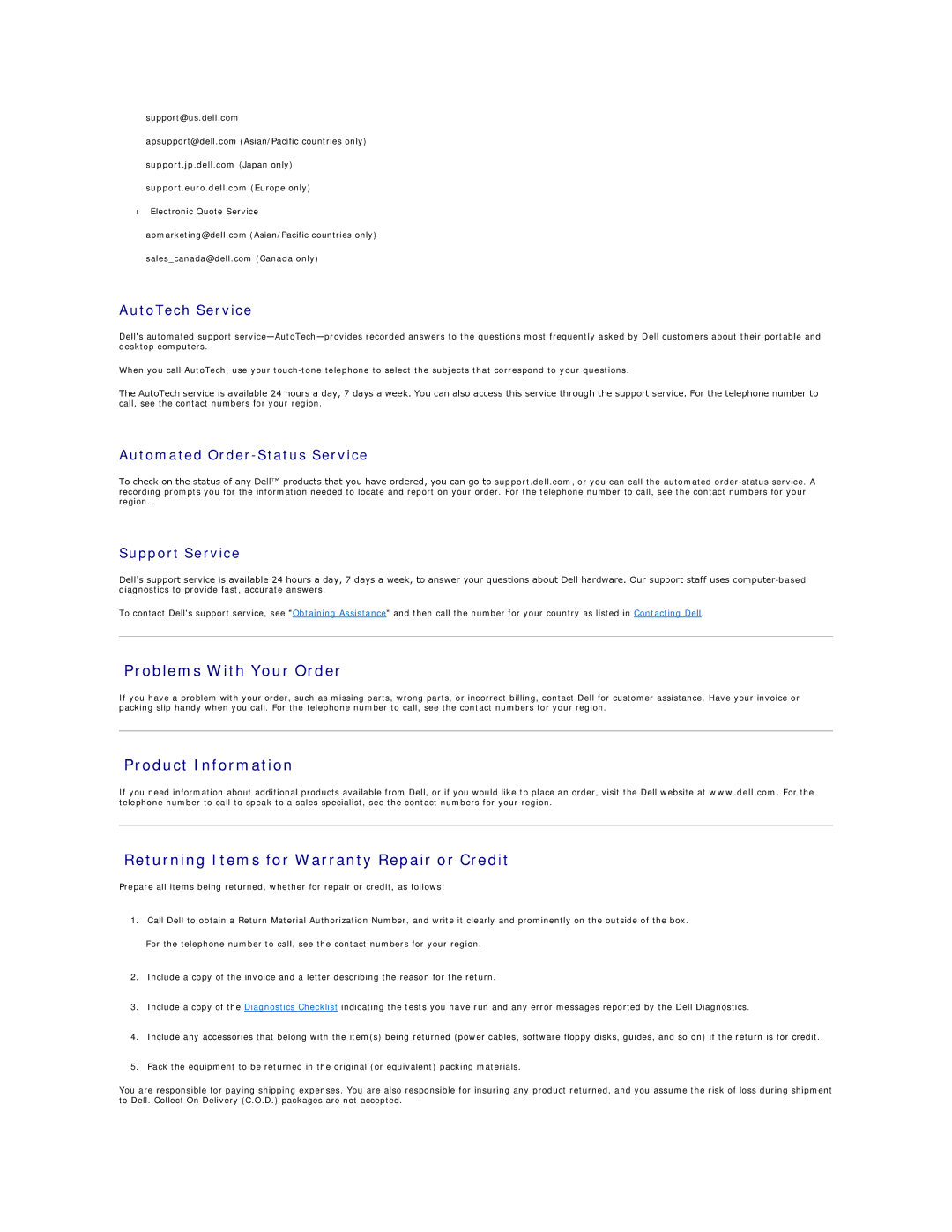 Dell PP04X specifications Problems With Your Order, AutoTech Service, Automated Order-Status Service, Support Service 