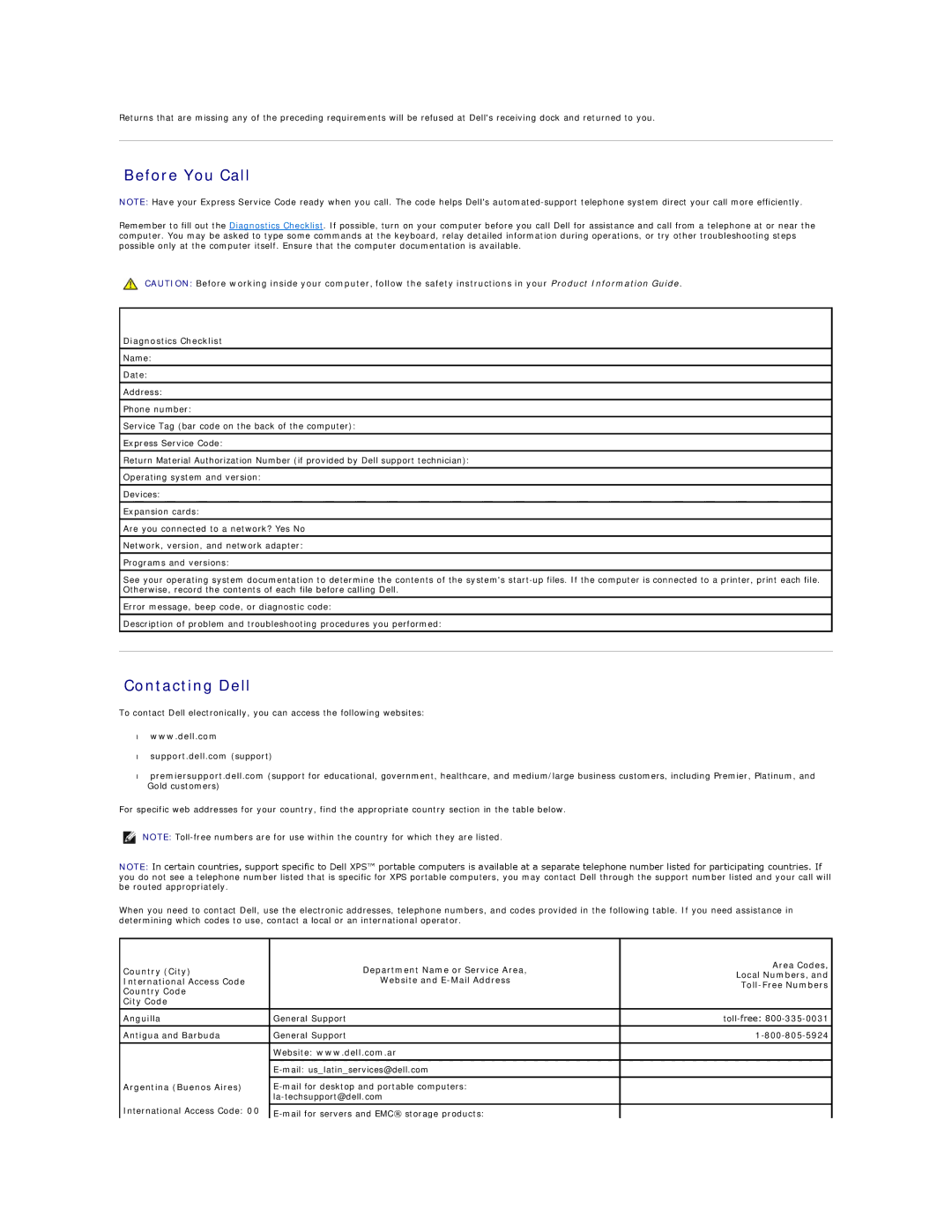 Dell PP04X specifications Before You Call, Contacting Dell, Diagnostics Checklist 