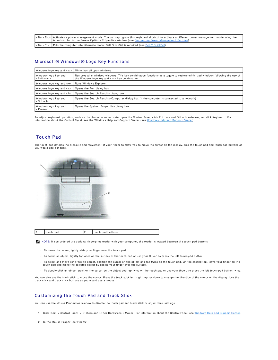 Dell PP04X Microsoft Windows Logo Key Functions, Customizing the Touch Pad and Track Stick, Mouse Properties window 