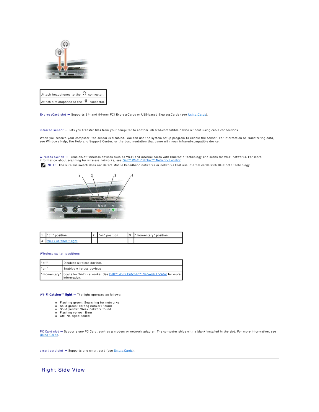 Dell PP04X specifications Right Side View, Wireless switch positions 