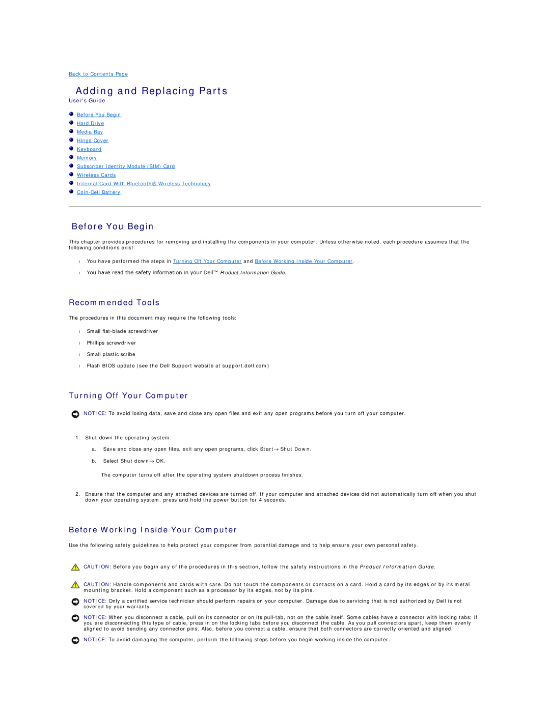 Dell PP04X specifications Adding and Replacing Parts, Before You Begin, Recommended Tools, Turning Off Your Computer 