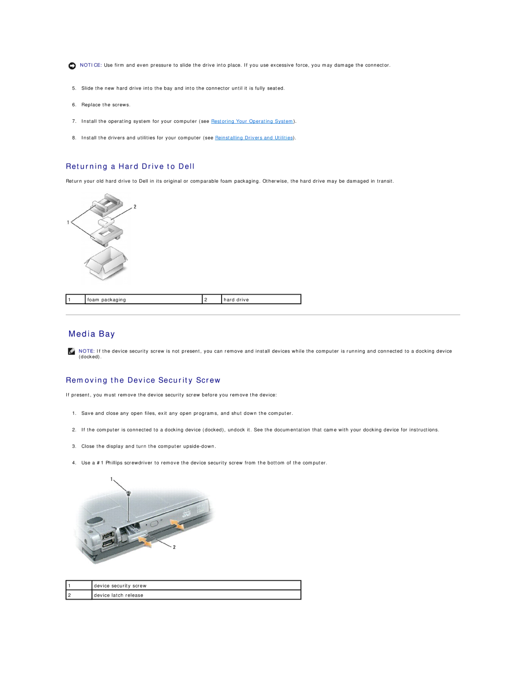 Dell PP04X specifications Media Bay, Returning a Hard Drive to Dell, Removing the Device Security Screw 