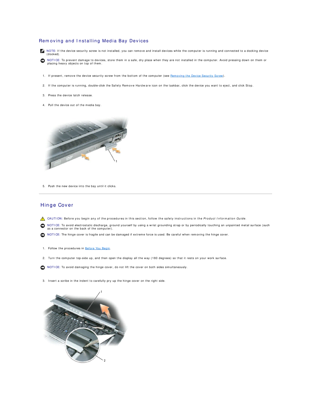 Dell PP04X specifications Hinge Cover, Removing and Installing Media Bay Devices 