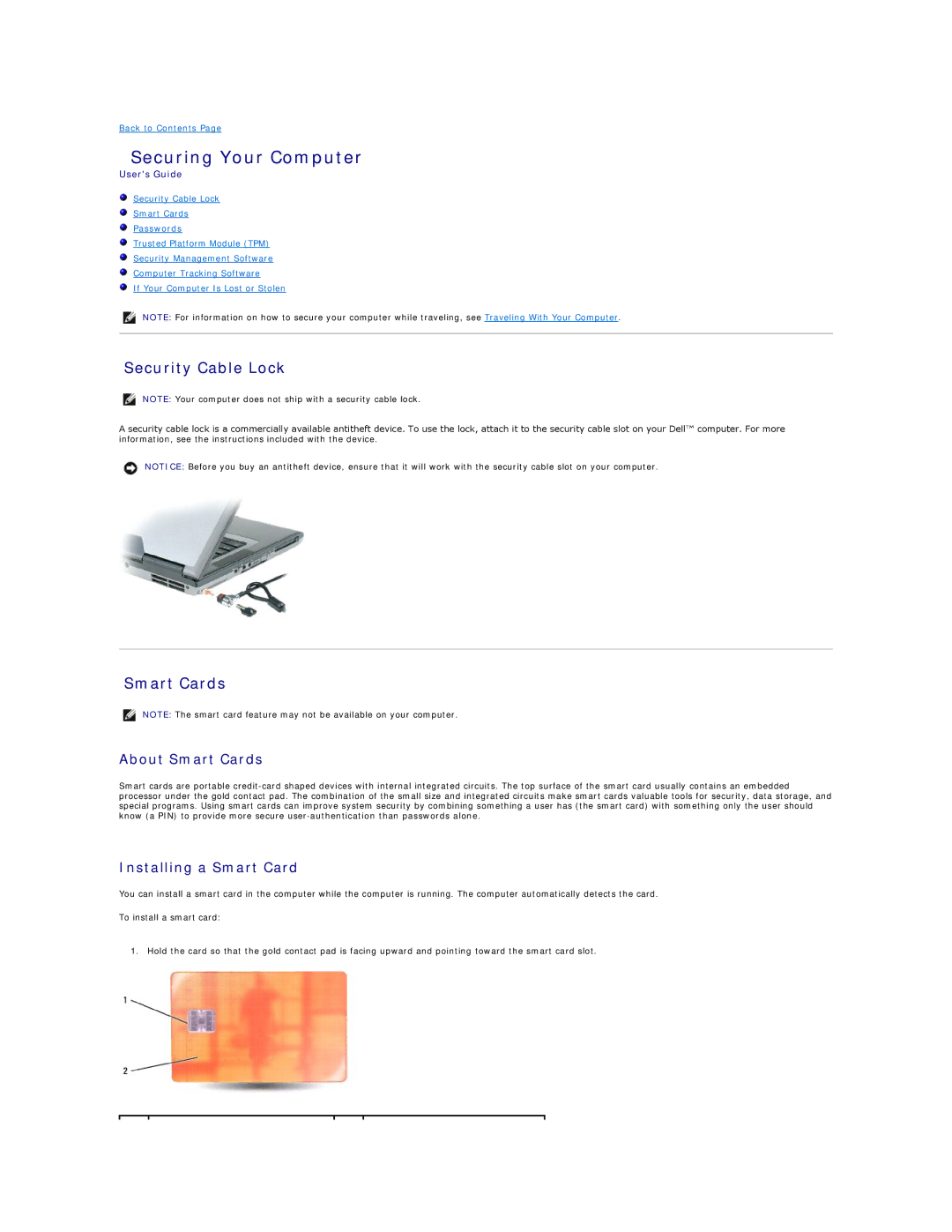 Dell PP04X specifications Securing Your Computer, Security Cable Lock, About Smart Cards, Installing a Smart Card 