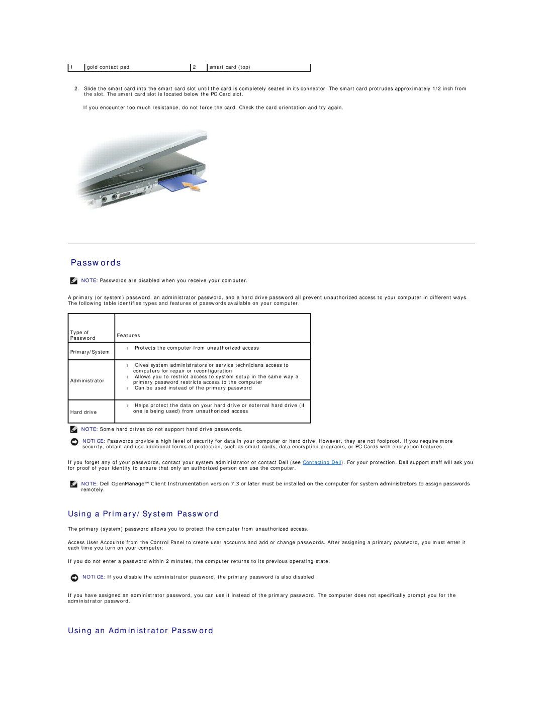 Dell PP04X specifications Passwords, Using a Primary/System Password, Using an Administrator Password, Features 