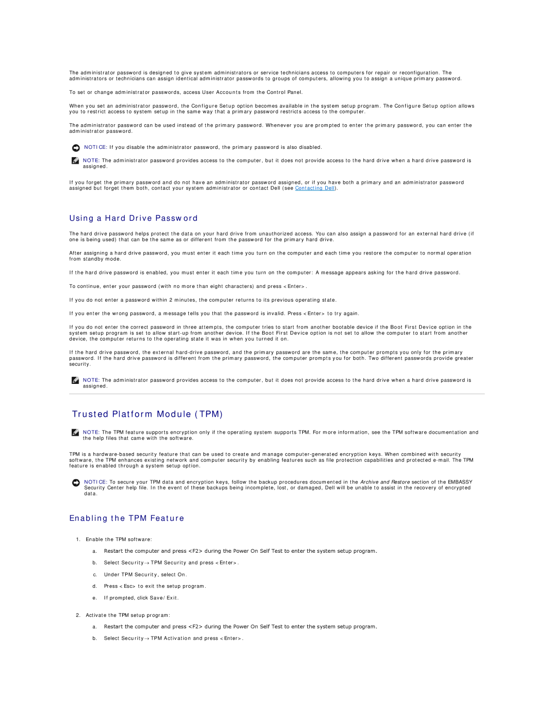 Dell PP04X specifications Trusted Platform Module TPM, Using a Hard Drive Password, Enabling the TPM Feature 