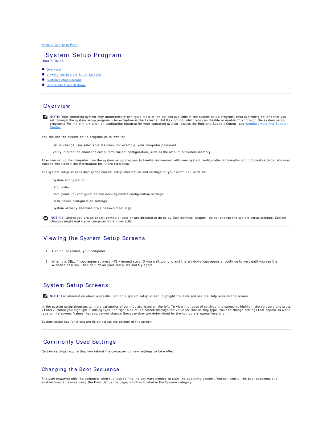 Dell PP04X specifications System Setup Program, Overview, Viewing the System Setup Screens, Commonly Used Settings 