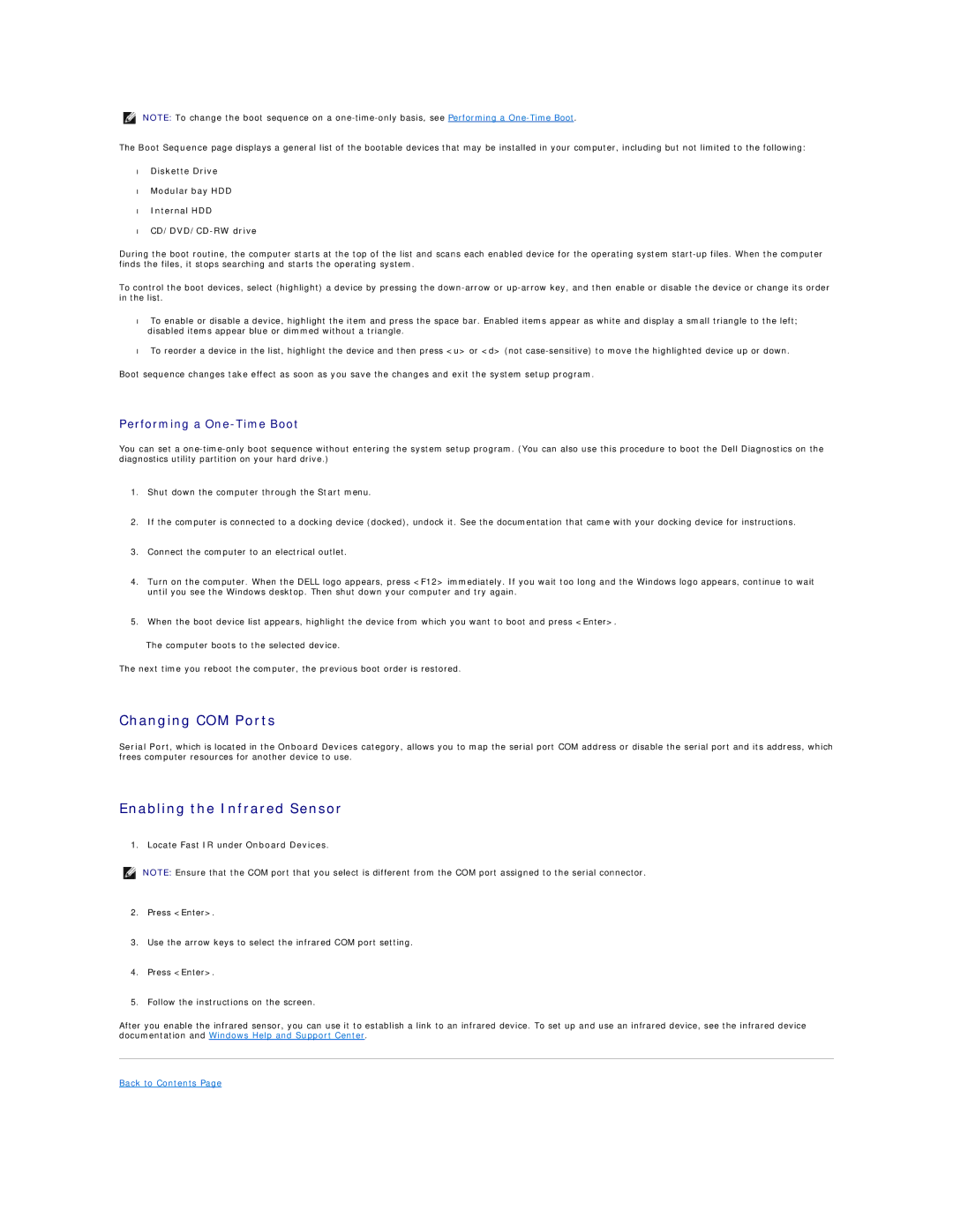 Dell PP04X specifications Changing COM Ports, Enabling the Infrared Sensor, Performing a One-Time Boot 