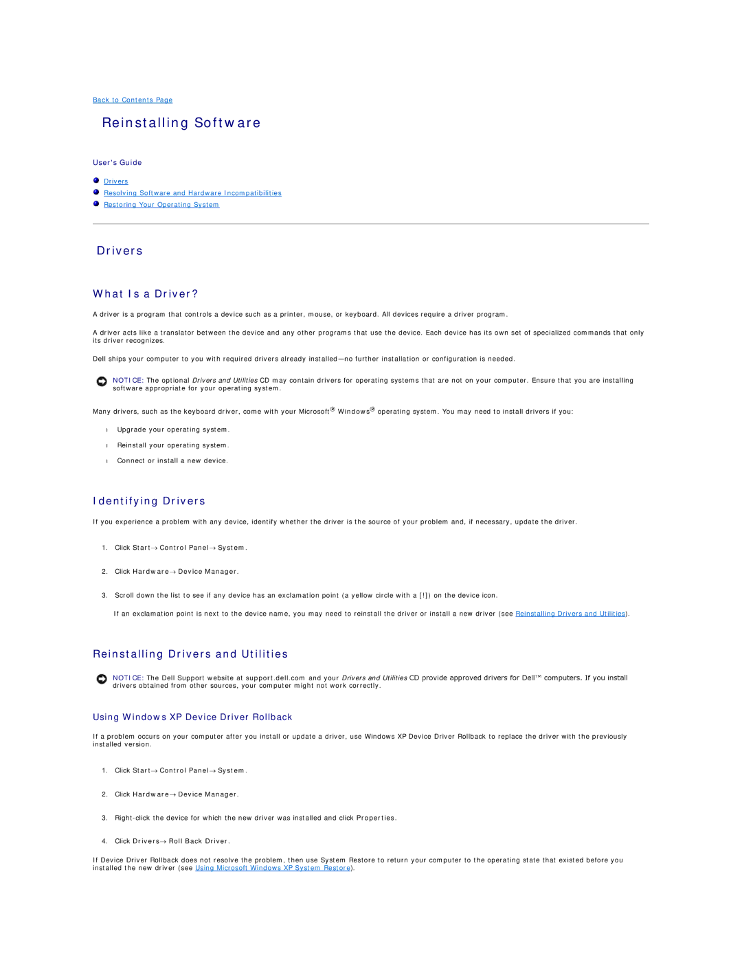 Dell PP04X Reinstalling Software, What Is a Driver?, Identifying Drivers, Reinstalling Drivers and Utilities 