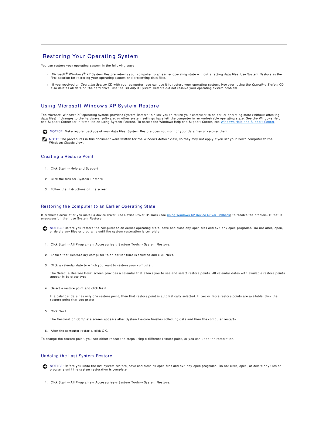 Dell PP04X Restoring Your Operating System, Using Microsoft Windows XP System Restore, Creating a Restore Point 