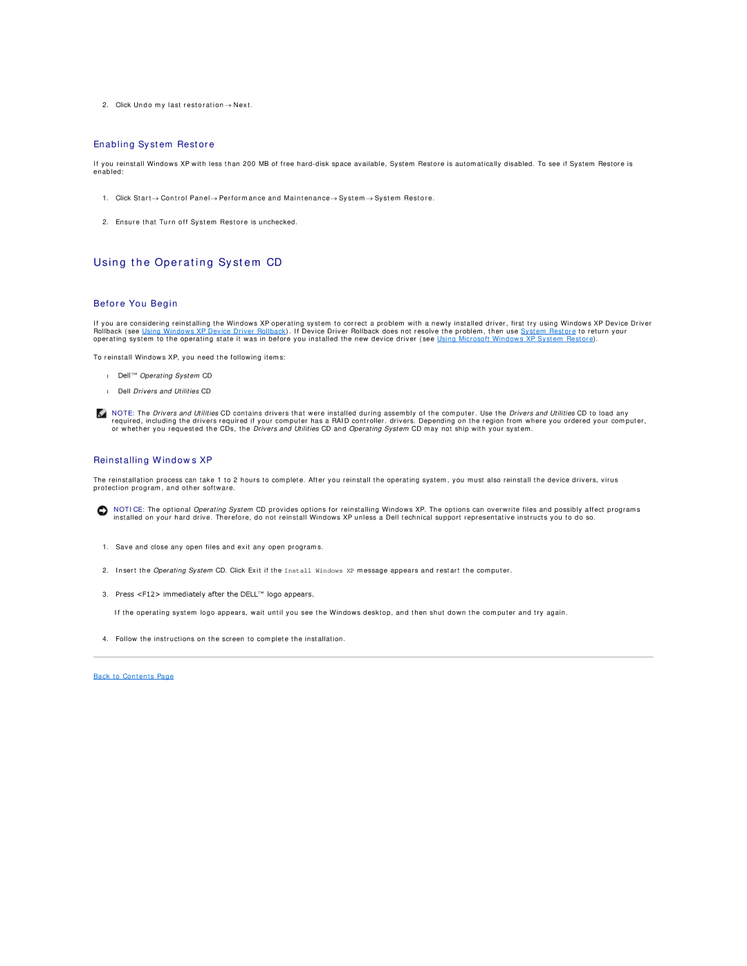 Dell PP04X specifications Using the Operating System CD, Enabling System Restore, Before You Begin, Reinstalling Windows XP 