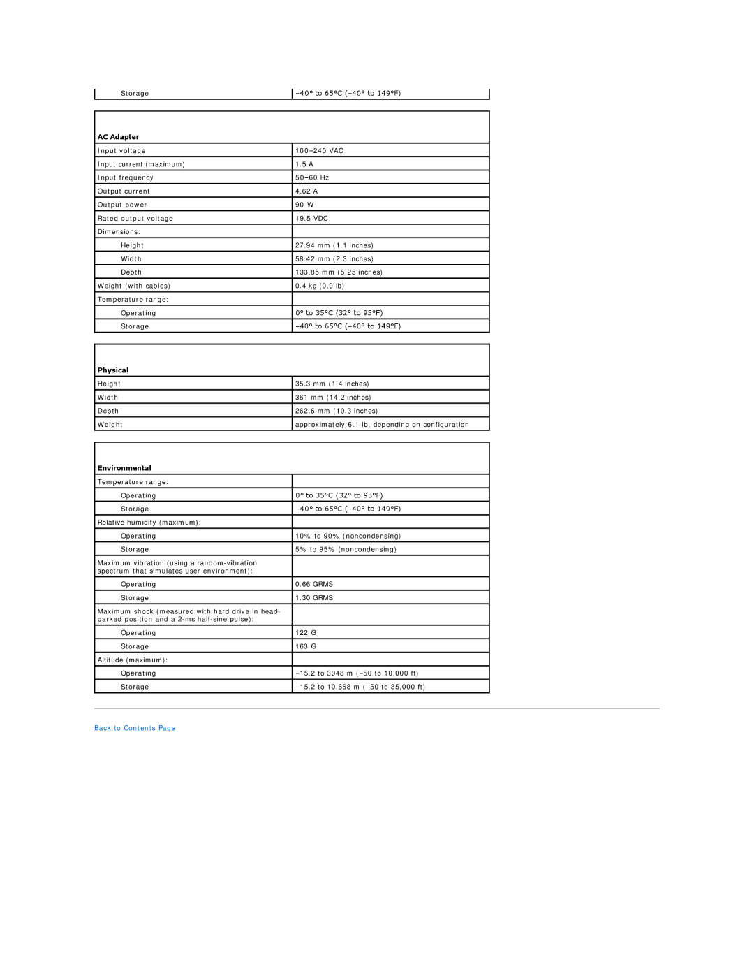 Dell PP04X specifications AC Adapter, Physical, Environmental 