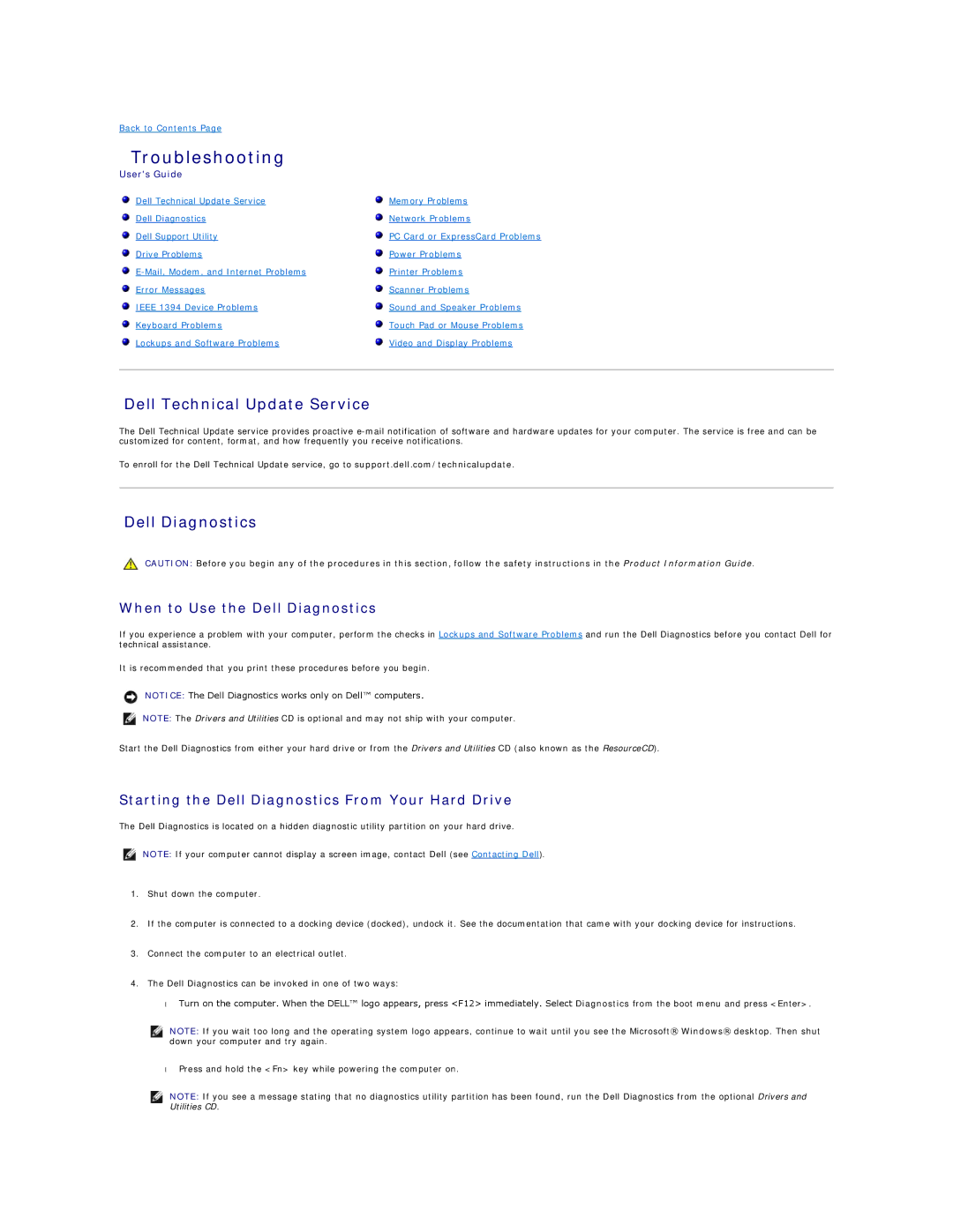 Dell PP04X specifications Troubleshooting, Dell Technical Update Service, When to Use the Dell Diagnostics 