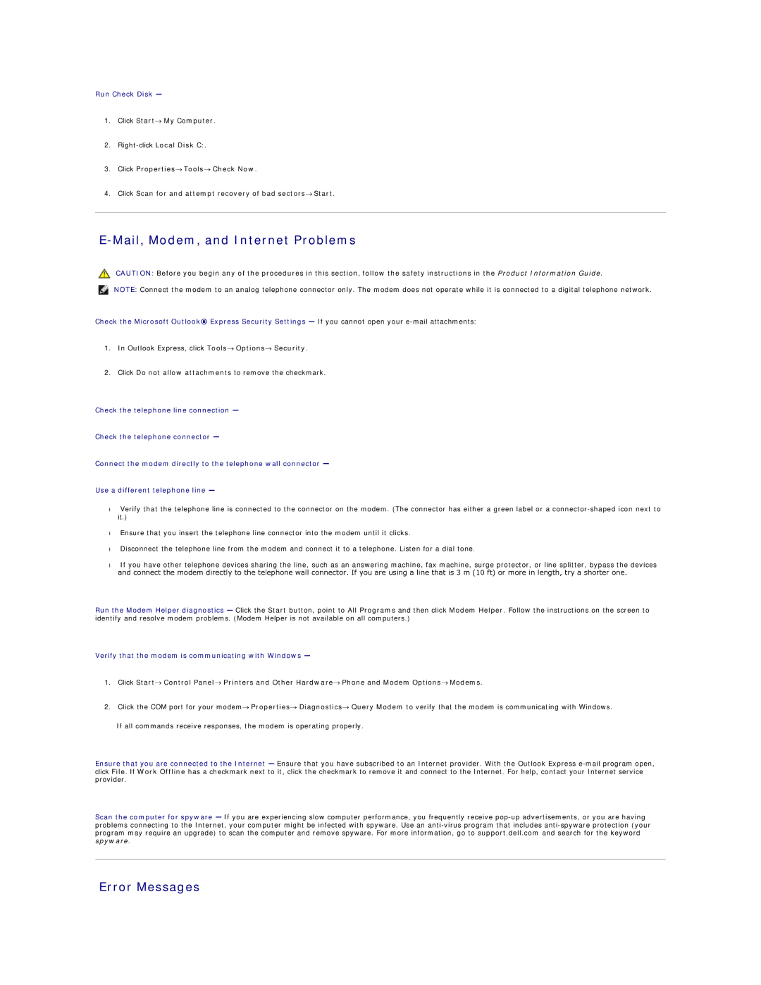 Dell PP04X specifications Mail, Modem, and Internet Problems, Error Messages, Run Check Disk, Click Start My Computer 