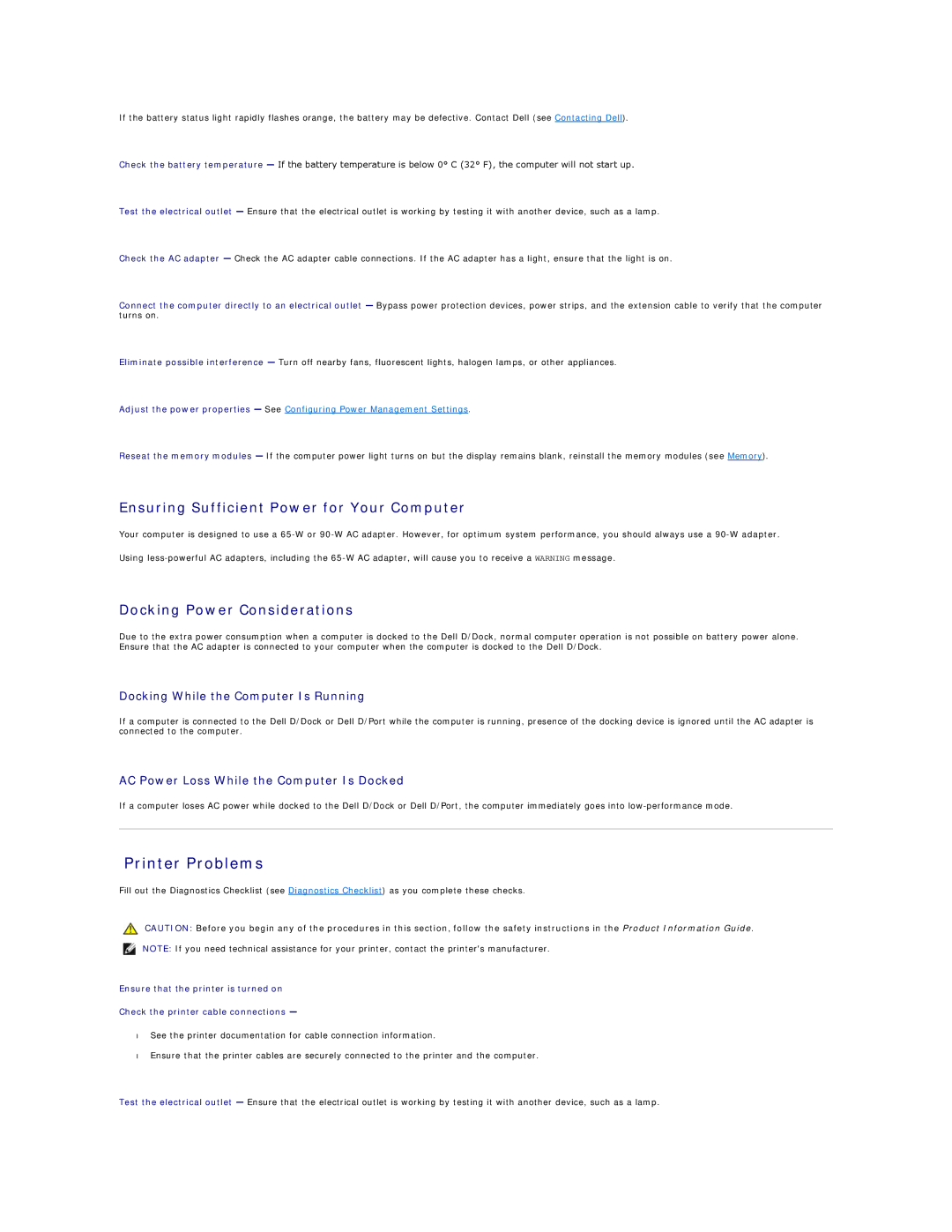 Dell PP04X specifications Printer Problems, Ensuring Sufficient Power for Your Computer, Docking Power Considerations 