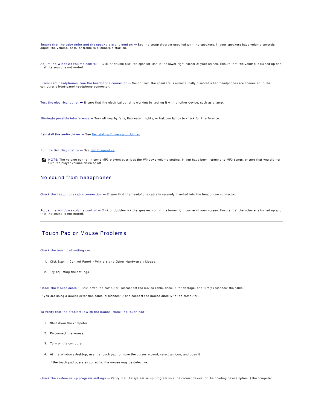 Dell PP04X specifications Touch Pad or Mouse Problems, No sound from headphones, Check the touch pad settings 