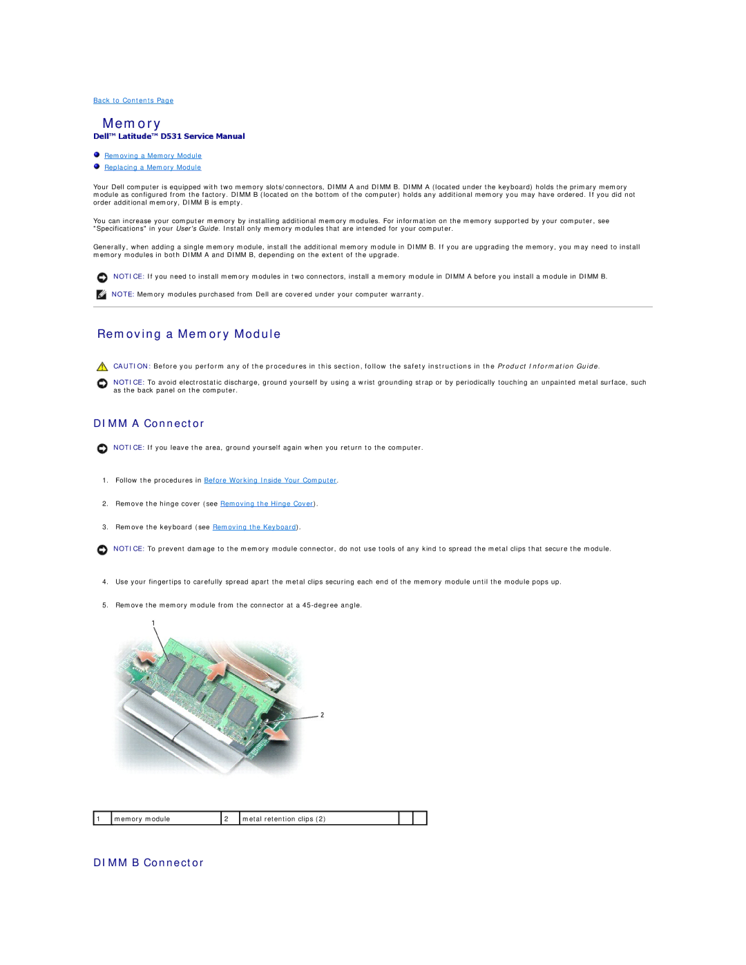 Dell PP04X manual Removing a Memory Module, Dimm a Connector, Dimm B Connector 