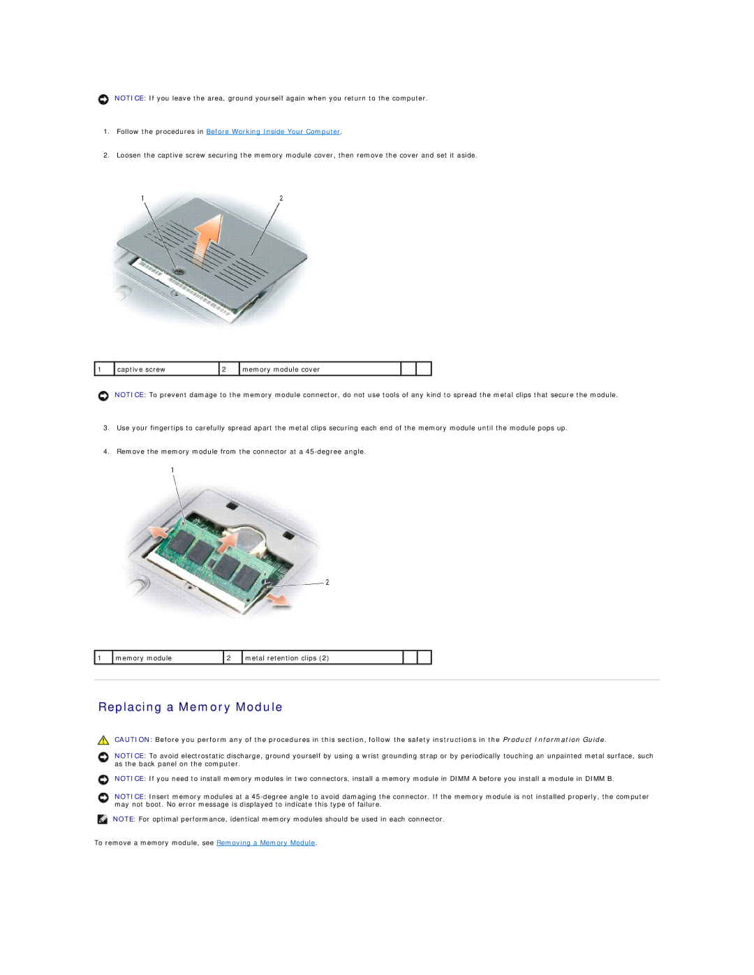 Dell PP04X manual Replacing a Memory Module 