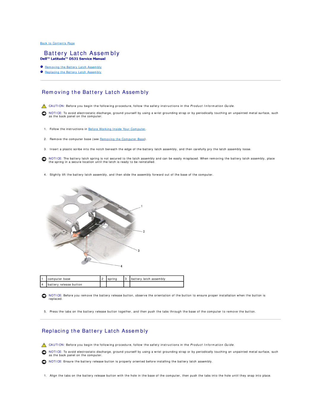 Dell PP04X manual Removing the Battery Latch Assembly, Replacing the Battery Latch Assembly 