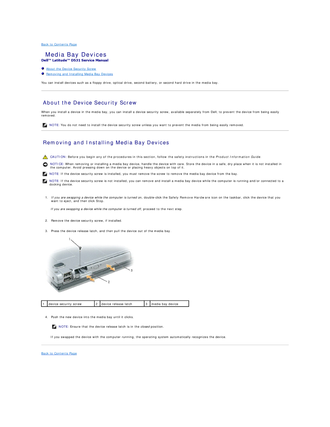 Dell PP04X manual About the Device Security Screw, Removing and Installing Media Bay Devices 