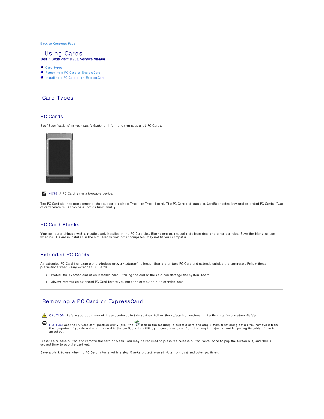 Dell PP04X manual Using Cards, Card Types, Removing a PC Card or ExpressCard 