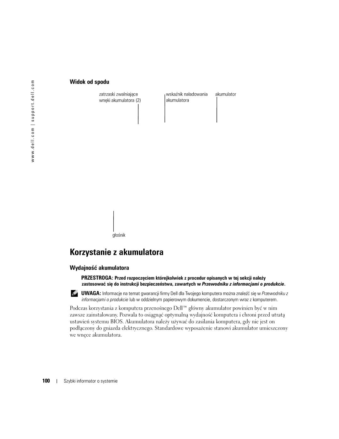 Dell PP05S manual 100, Zatrzaski zwalniające, Wnęki akumulatora Akumulatora Głośnik 