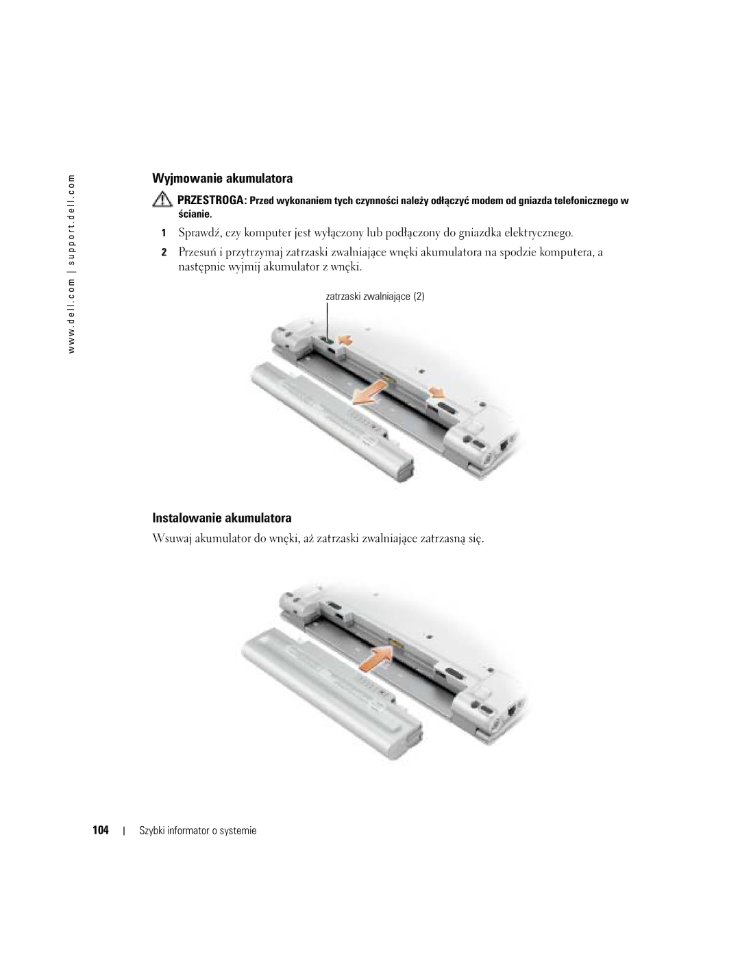 Dell PP05S manual Wyjmowanie akumulatora, 104 