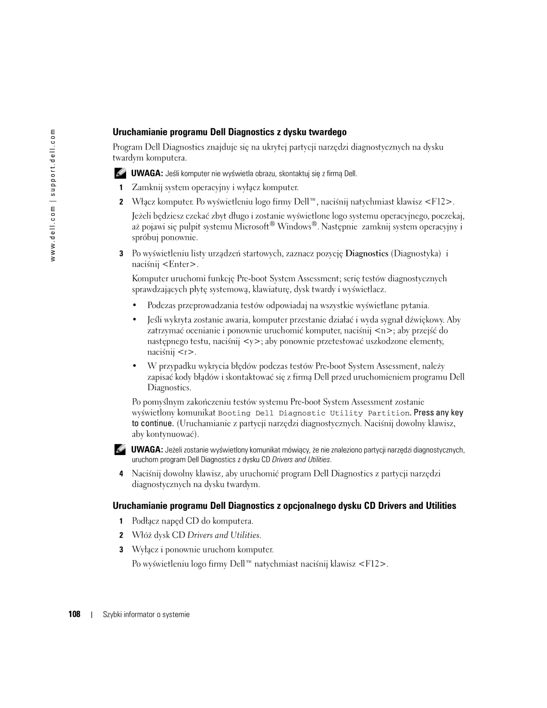 Dell PP05S manual Uruchamianie programu Dell Diagnostics z dysku twardego, 108 