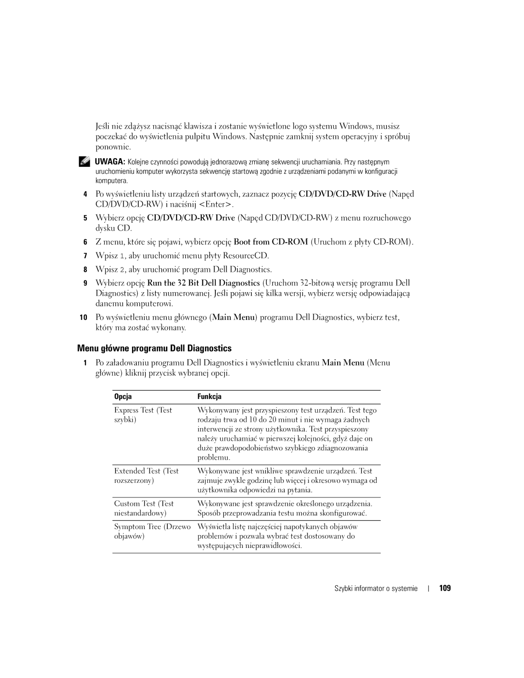 Dell PP05S manual Menu główne programu Dell Diagnostics, 109 