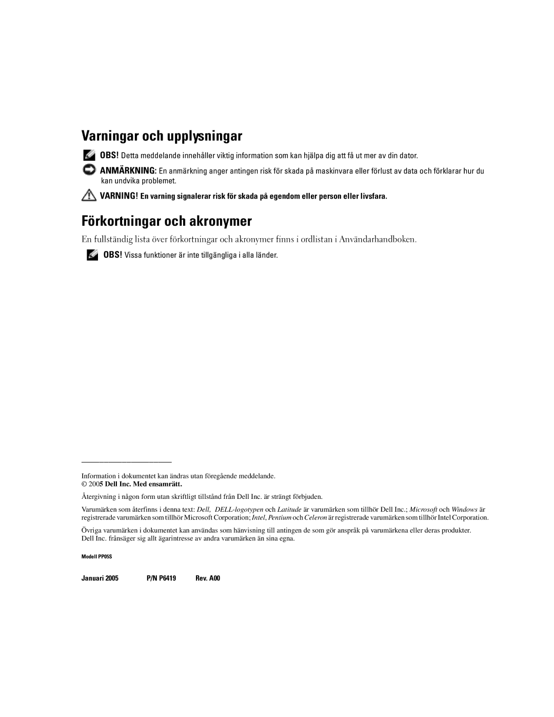 Dell PP05S manual Varningar och upplysningar, Förkortningar och akronymer 