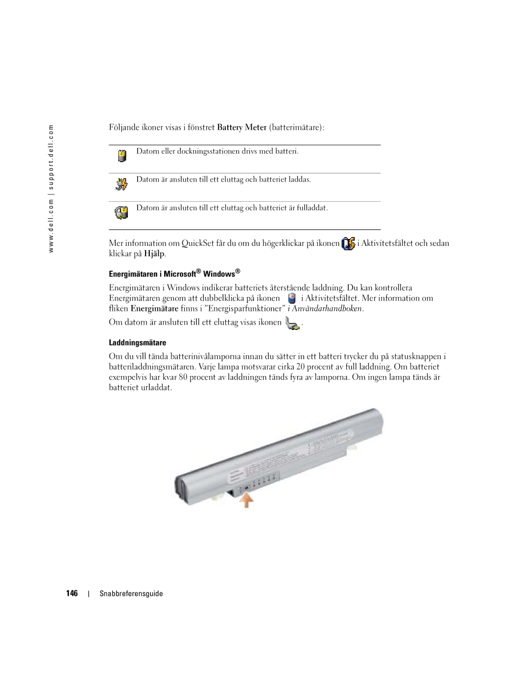 Dell PP05S manual Energimätaren i Microsoft Windows, Laddningsmätare, 146 