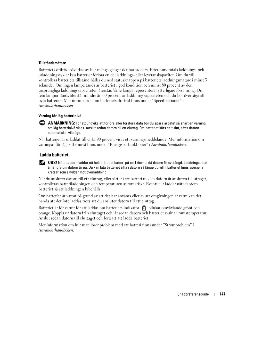 Dell PP05S manual Ladda batteriet, Tillståndsmätare, Varning för låg batterinivå, 147 