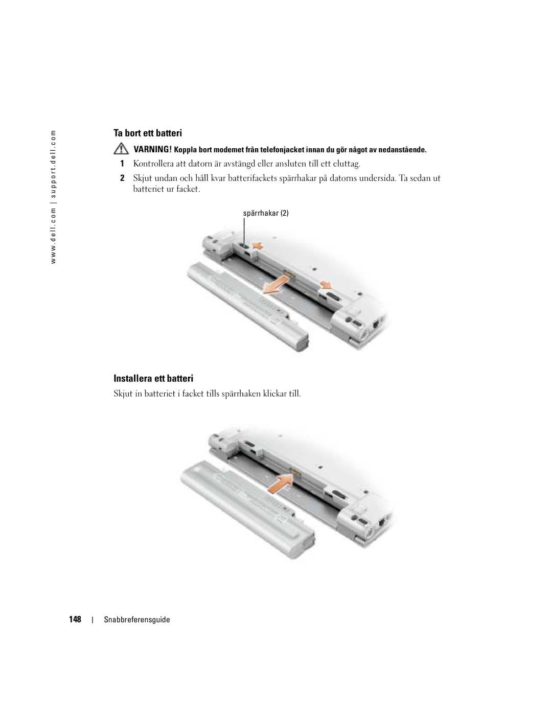 Dell PP05S manual Ta bort ett batteri, Installera ett batteri, 148, Spärrhakar 